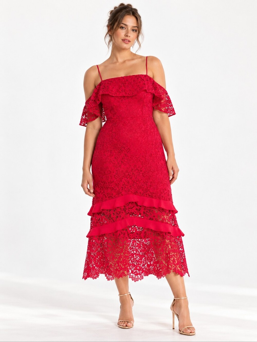 RACHEL ZOE Poppy Lace Off Shoulder Midi Dress in Azaela $495 MSRP